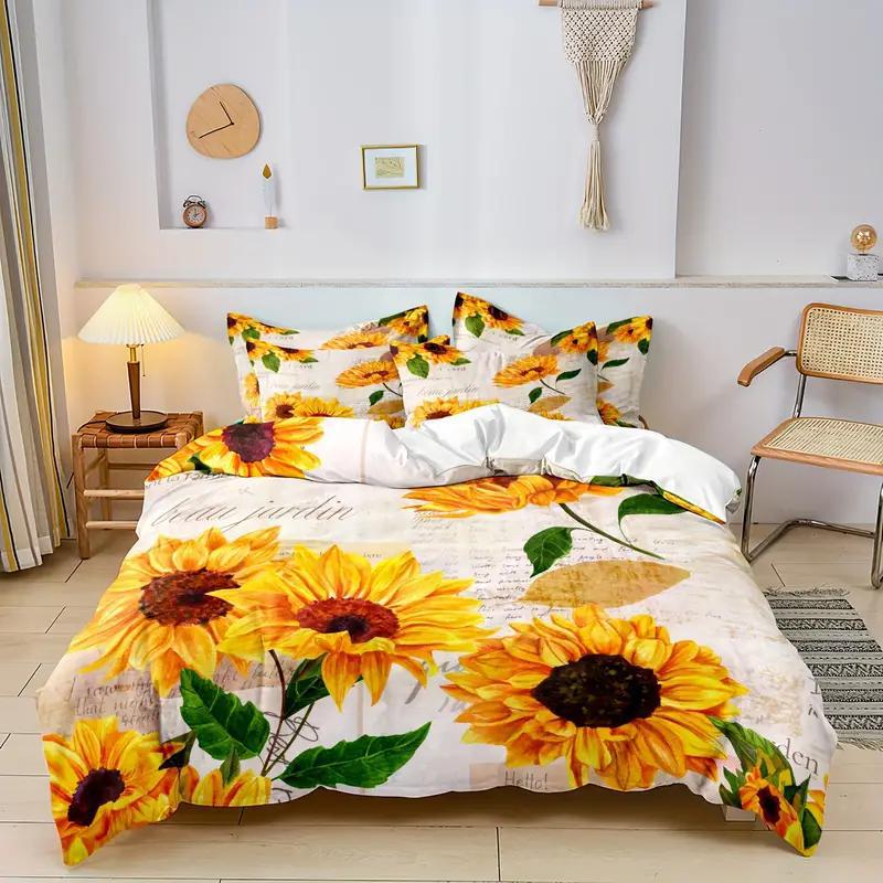 3D Floral Bedding 4 PCS Sunflower Print Duvet Cover Set High-Quality Microfiber Ultra Soft Comforter Cover with Zipper C