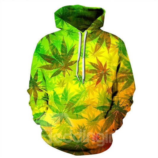 Sudadera con capucha con estampado 3D de manga larga y hojas de color claro