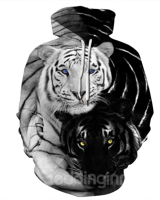 Pareja Tigres Jersey Bolsillo Canguro Sudadera con capucha ligera pintada en 3D