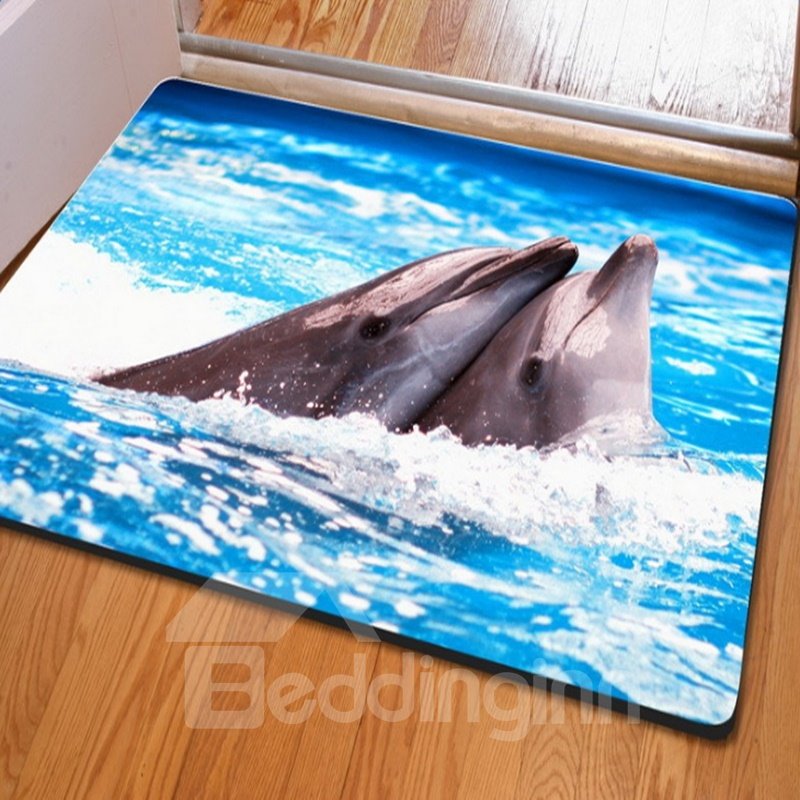 Felpudo antideslizante decorativo para el hogar con estampado de dos delfines lindos y encantadores jugando en el mar