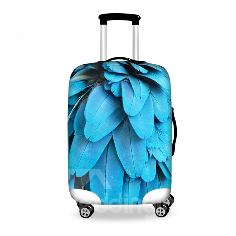 Fabulosa funda para equipaje pintada en 3D con patrón de plumas azules 