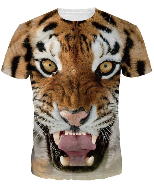 Tiger Face Pattern Spandex Comfortable Popular Round Neck 3D Painted T-Shirt