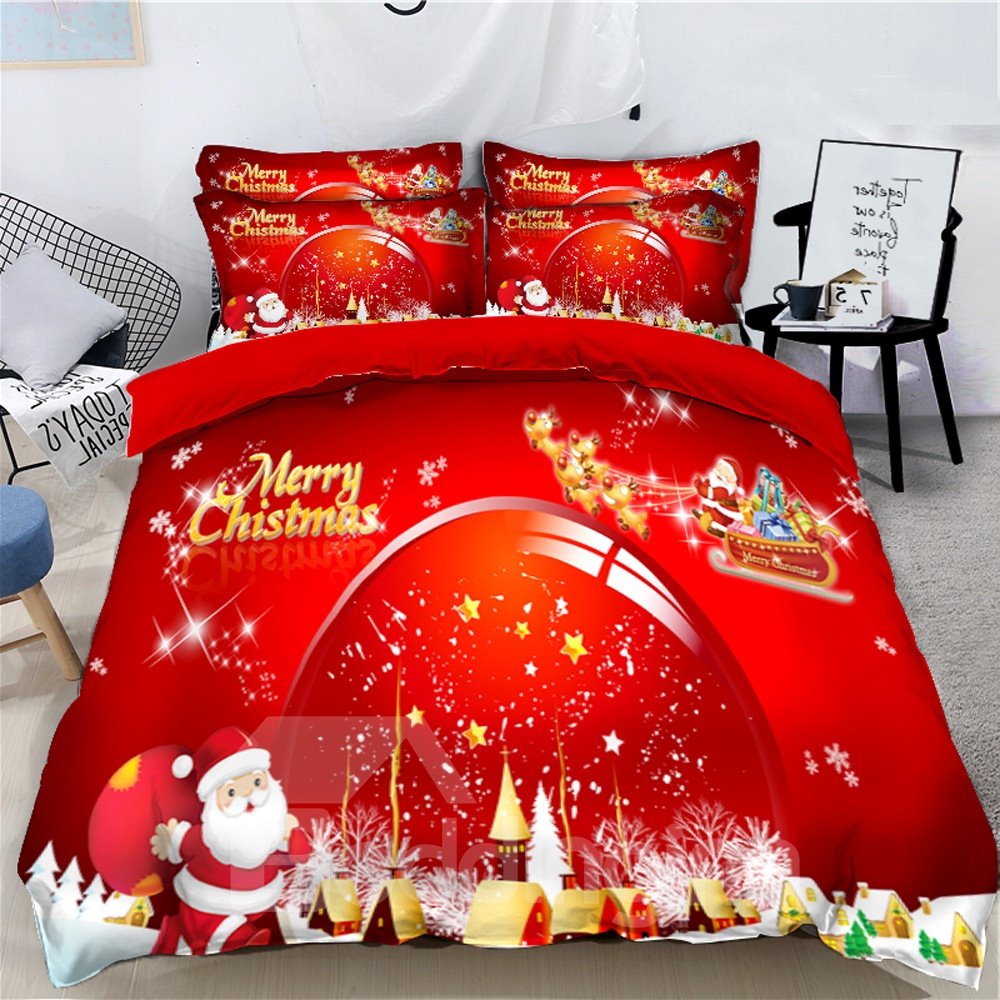 Weihnachtsmann hält Geschenke, bedruckte 3D-4-teilige Weihnachtsbettwäsche-Sets/Bettbezüge