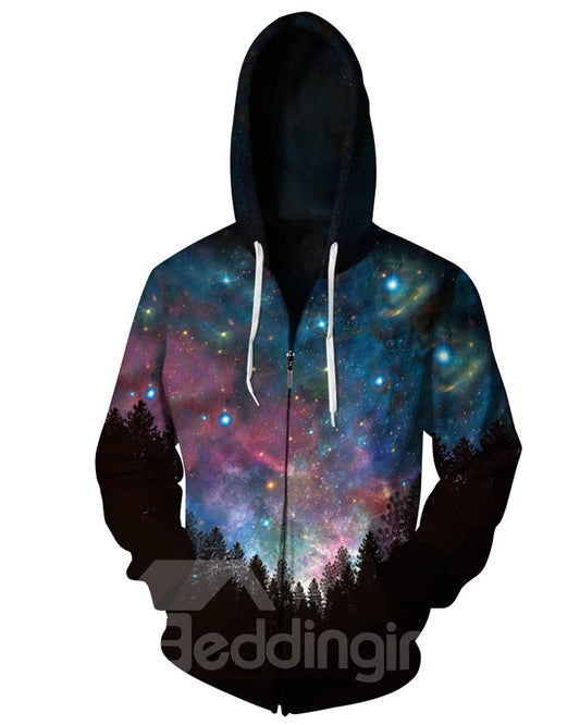 3D Night Forest Print Cool Hoodies Galaxy Pockets Zipper Jacket