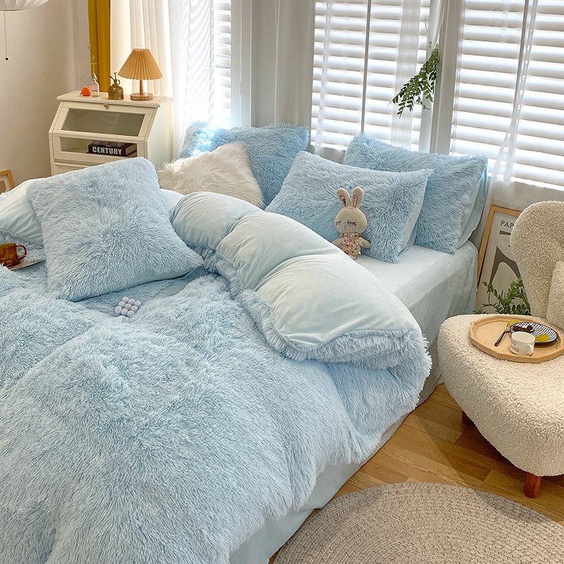 4-teiliges Shaggy Nerz-Samt-Plüsch-Bettwäsche-Set/Bettbezug-Set, dicke, flauschige Bettwäsche, hält warm, volles Queen-Size-Format, einfarbig 