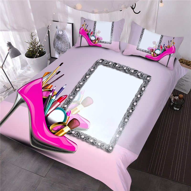 Rosa High-Heels und Make-up-Spiegel, bedrucktes 3-teiliges Bettdecken-Set, Bettwäsche-Set, 1 Bettdecke, 2 Kissenbezüge 