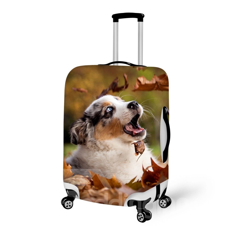 Adorable funda para equipaje pintada en 3D con estampado de perrito y hojas