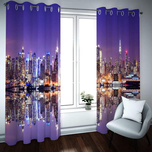 3D Wonderful Curtains City Night Scenery Purple Printed Polyester Blackout Modern Style Dust-Proof Custom Curtains