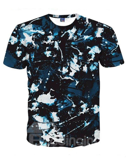 Special Round Neck Camouflage Pattern Dark Blue 3D Painted T-Shirt