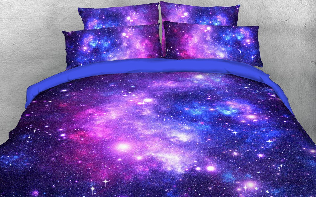 3D Purple Galaxy Bettbezug-Set, 4-teiliges Bettwäscheset, ultraweicher Bettbezug mit Reißverschluss und Eckbändern, 2 Kissenbezüge, 1 Bettlaken, 1 Bettbezug aus Mikrofaser 