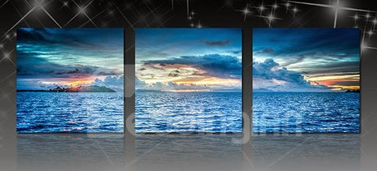 Fantástica puesta de sol en el mar en el horizonte, lienzo de 3 paneles, impresiones artísticas para pared
