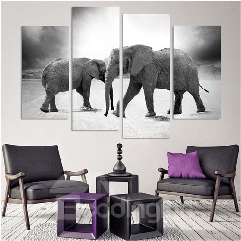 Elefantes que cuelgan lienzo de 4 piezas, impresiones sin marco, impermeables y ambientales, en blanco y negro