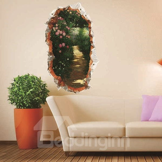 Wall Hole View Green Forest Lane with Trees and Flowers Removable 3D Wall Sticker