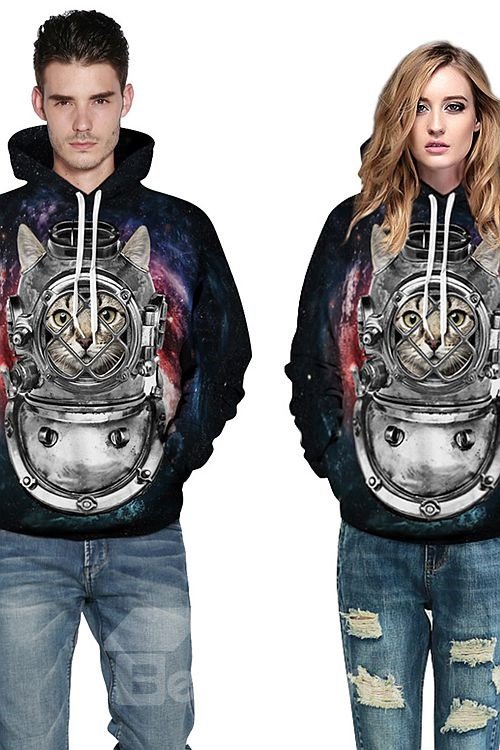 Einzigartiger, langärmliger Kapuzenpullover mit 3D-Bemalung, Katze im Maschinenkostümmuster