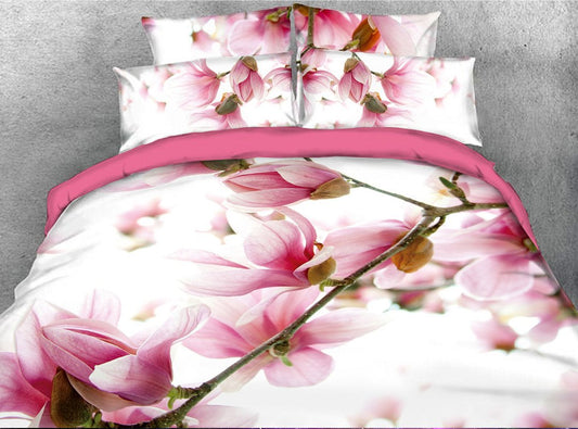 5-teiliges 3D-Bettdecken-Set/Bettwäsche-Set mit lebendigem rosa Blumendruck, 1 Bettbezug, 1 Bettlaken, 2 Kissenbezüge, 1 Bettdecke 