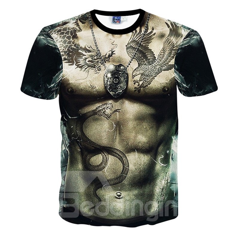 Lebensechtes Rundhals-T-Shirt mit Muskelmuster und 3D-Bemalung