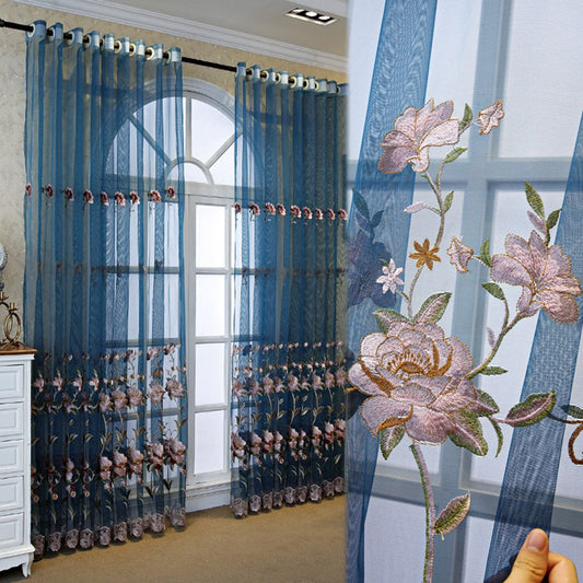 Europäische High-End-Vorhänge mit blauen bestickten Blumenmustern für Wohnzimmer, Schlafzimmer, individuell, 2 Stoffbahnen, atmungsaktive Voile-Vorhänge, kein Pilling, kein Ausbleichen, kein Ausfransen, Polyester 