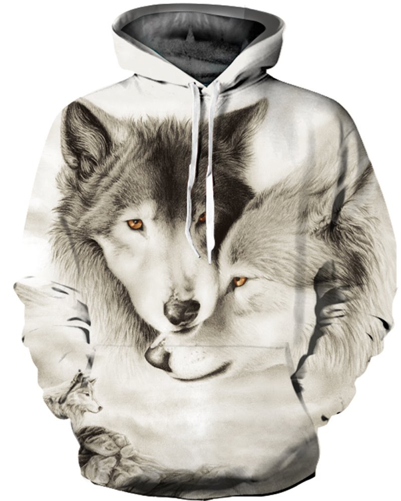 Sudadera con capucha especial pintada en 3D con diseño de un par de lobos de manga larga