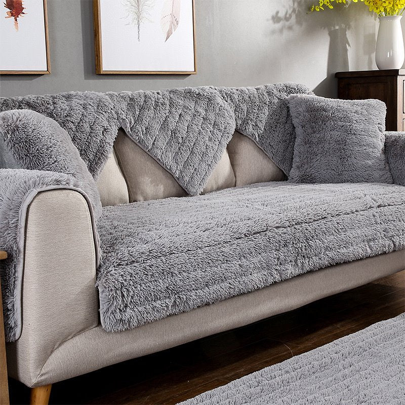 Simple Solid Color Non Slip Sofa Cushion Winter Plush Thickened Sofa Cover