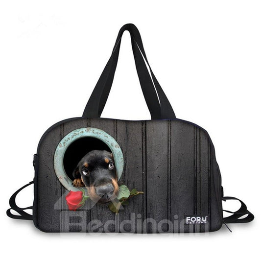 Bolsa de viaje pintada en 3D con diseño de perro creativo con rosas
