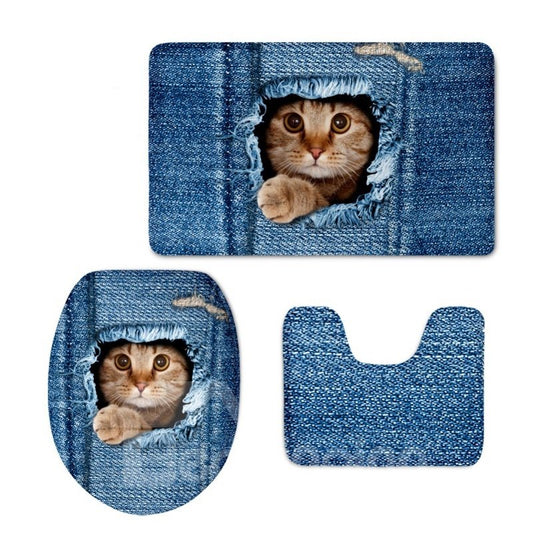 Blauer Hintergrund mit Katze bedrucktem Flanell-PVC-wasserabsorbierendem, rutschfestem Toilettensitzbezug