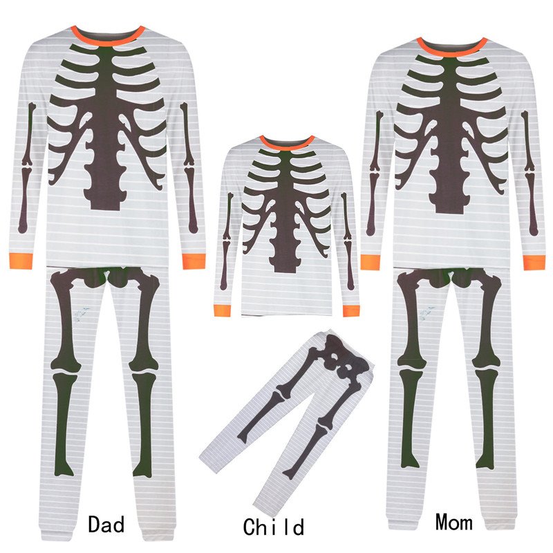 Traje con estampado de calavera de Halloween Traje familiar para padres e hijos Traje Top de manga larga Pantalones Gris