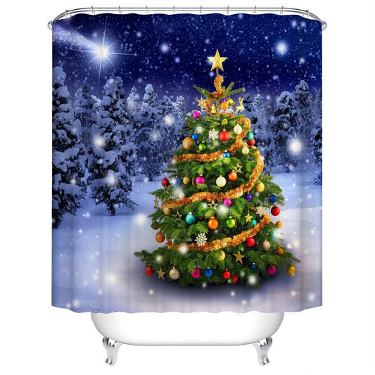 Christmas Tree 3D Shower Curtain Blue Bathroom Partition Curtain Durable Waterproof Mildew Proof Polyester