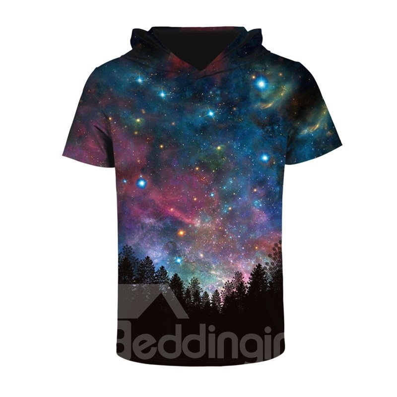 Camiseta con capucha de manga corta con estampado 3D de paisaje nocturno de campo para hombre