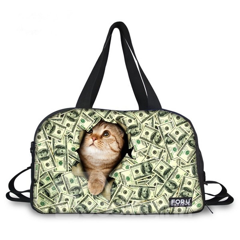 Adorable Cat with Dollars Pattern 3D Painted Travel Bag