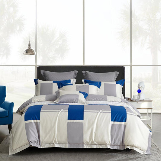 Luxuriöses 4-teiliges Bettbezug-Set aus weißer und blauer Baumwolle, 1 Bettbezug, 1 Bettlaken, 2 Kissenbezüge, weich, bequem, langlebig 