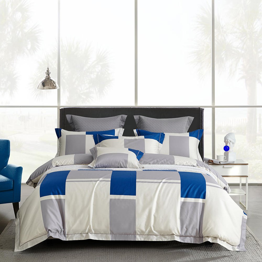 Lujoso juego de funda nórdica de 4 piezas, juego de cama de algodón blanco y azul, 1 funda nórdica, 1 sábana plana, 2 fundas de almohada, suave, cómodo y duradero 