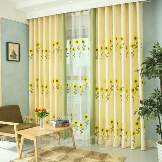 Decoration Polyester Embroidery Bright Sunflowers Sweet Style Sheer Lining Curtain Set