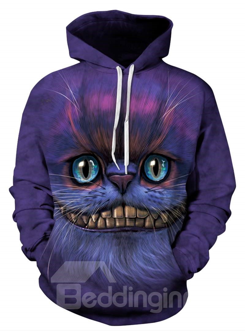 Sudadera con capucha pintada en 3D con bolsillo y patrón de cara de gato creativo de manga larga fresca