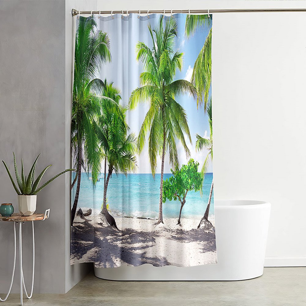 3D Printed Seaside Landscape Shower Curtain Palm Costal and Sea Bathroom Partition Curtain Durable Waterproof Mildew Proof Polyester