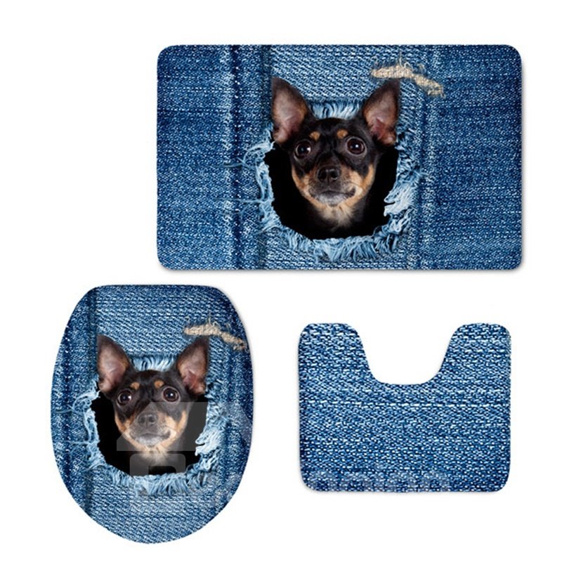 Blue Texture with Dog Printed Flannel PVC Soft Water-Absorption Anti-slid Toilet Seat Covers