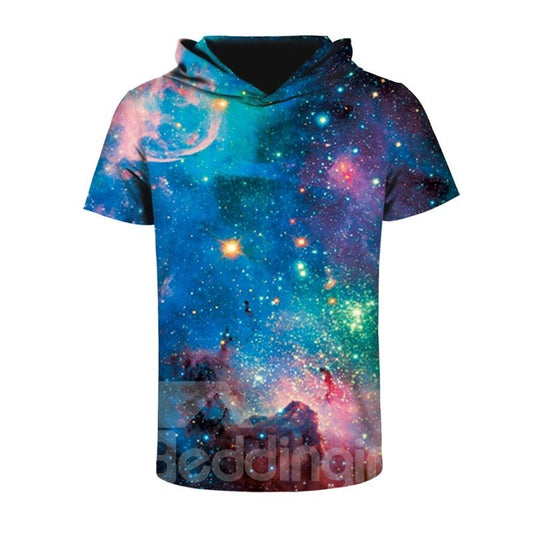 Camiseta de manga corta con estampado 3D de patrón de diseño de moda Galaxy para hombres con capucha