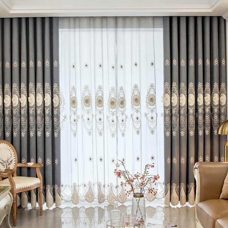 Verdunkelungsvorhänge mit Relief-Stickerei, Grau, elegante Chenille-Fenstervorhänge für Wohnzimmer, Schlafzimmer, individuelles Set mit 2 Stoffbahnen