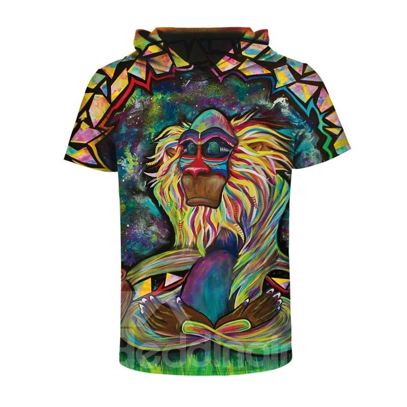 Indian Apes 3D-gedrucktes, kurzärmliges, farbenfrohes Herren-T-Shirt mit Kapuze