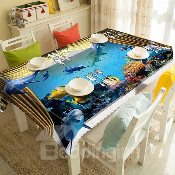 Amüsante 3D-Tischdecke mit Meeresdelfinen und grauem Vorhangmuster