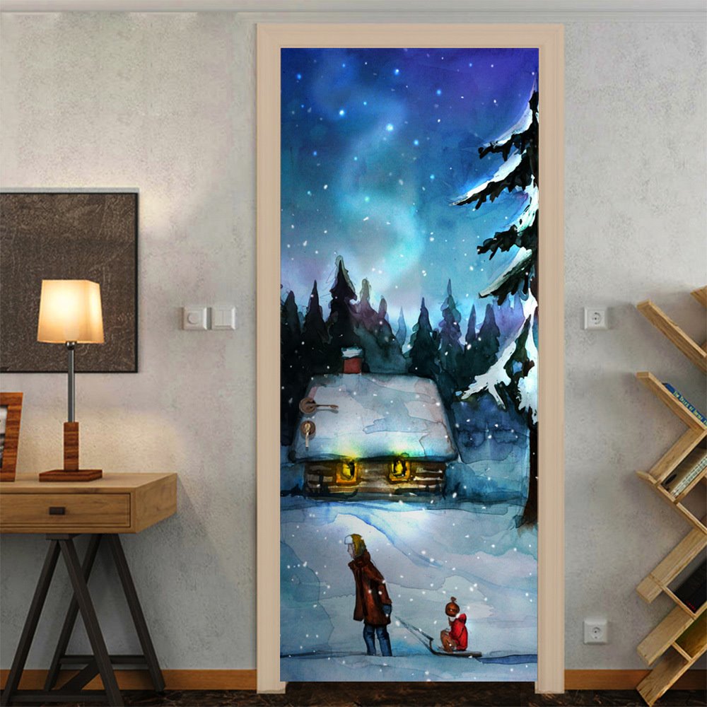 Creative Christmas 3D Door Murals Snow Scenery Wall Decorations PVC Not Fade Waterproof Removable Door Cover