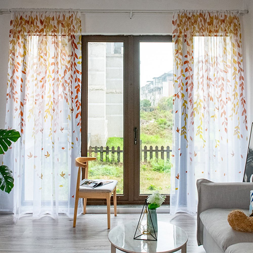 Modern Style Rod Pocket Sheer Curtains Willow Leaves Printed Custom 2 Panels Breathable Voile Drapes for Living Room Bedroom No Pilling No Fading No off-lining