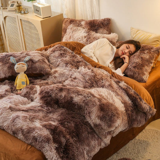 4-Piece Tie-dye Shaggy Mink Velvet Plush Bedding Set/Duvet Cover Set Thick Fluffy Bedding Keep Warm Queen King Size