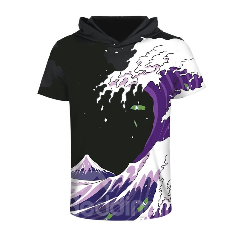 Blue Waves and Sea 3D Printed Short Sleeve for Men Hooded T-shirt