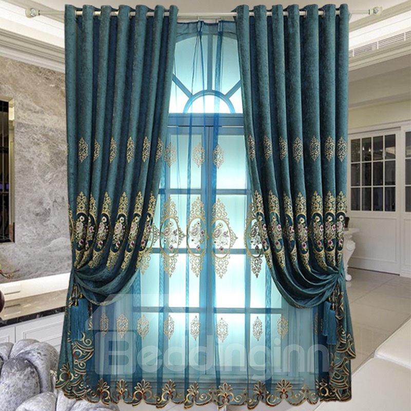 Präziser 2-teiliger Vorhang aus blauem Garn für Wohnzimmer und Schlafzimmer, dekorativer und verdunkelnder Vorhang