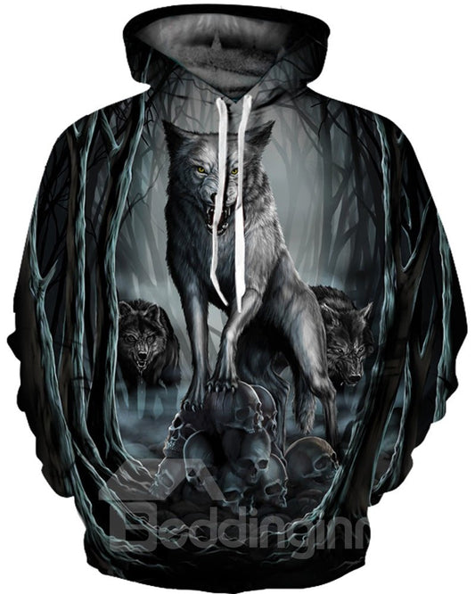 Sudadera con capucha pintada en 3D con bolsillo delantero y patrón de Monsterwolves de manga larga