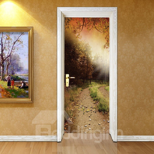 Mural de puerta 3D ambiental e impermeable de PVC con sol y bosque de 30 × 79 pulgadas