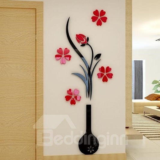 3D-Wandaufkleber aus Acryl mit schwarzer Vase und roten Blumen