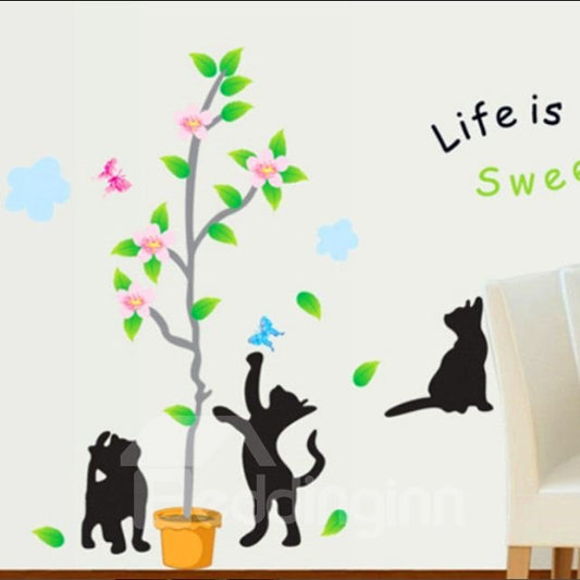 Decorative Life is Sweet Black Cat and Tree Pattern Wall Stickers