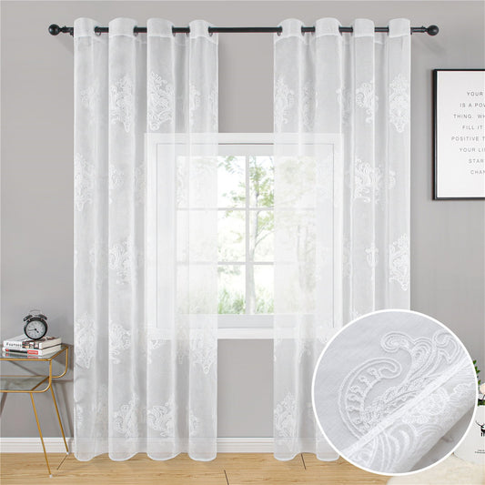 Cortinas transparentes con bordado de café blanco y tul de estilo sencillo, decoración para sala de estar y dormitorio, cortinas de gasa transpirables personalizadas, 2 paneles 