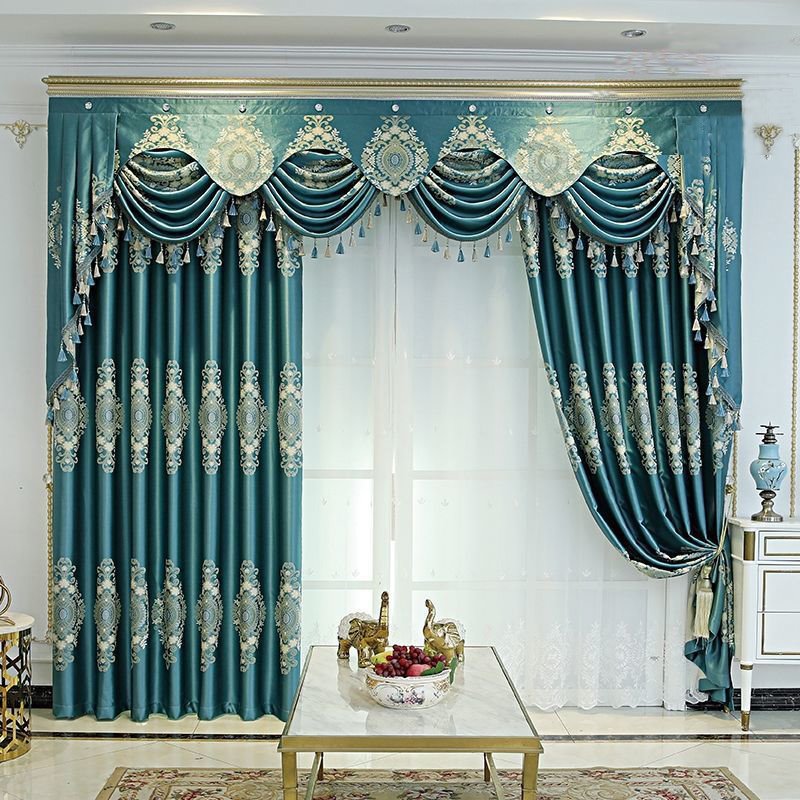 Verdunkelungsvorhänge mit Stickerei, blau, hochpräzise, ​​europäische Vintage-Fenstervorhänge, Wärmeisolierung, Heimdekoration für Wohnzimmer, Schlafzimmer, Dekoration, individuell 